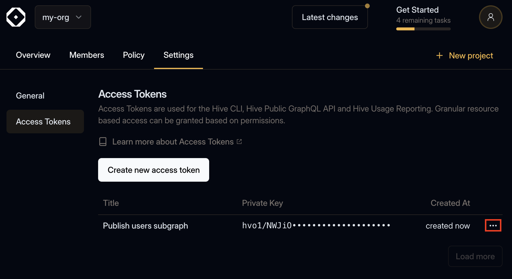 Open the actions for the access token by pressing the three dot icon on the end of the row.